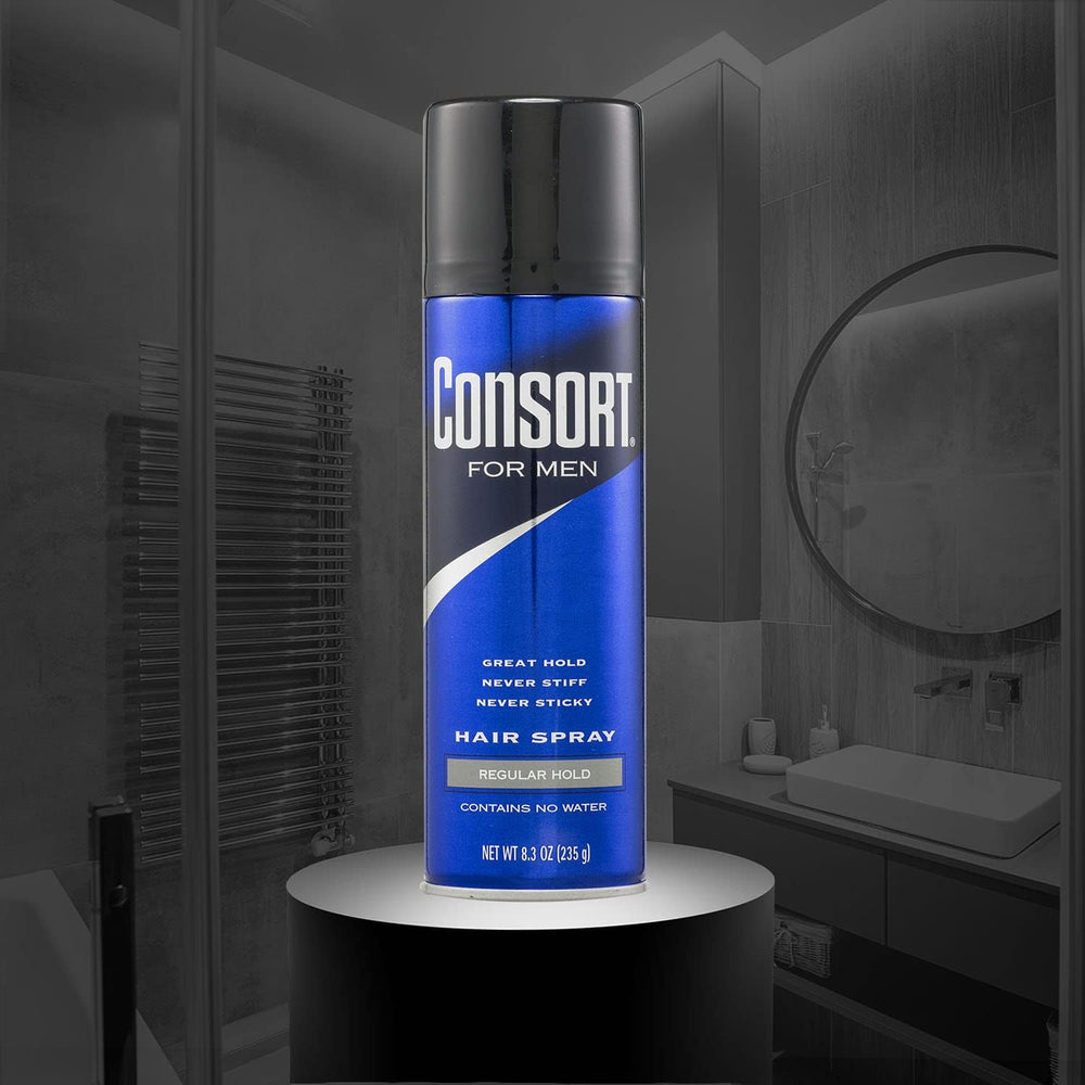 Consort Hair Spray regular hold label highlights all-day shaping without stiffness.