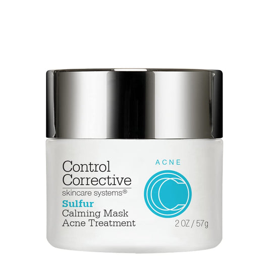 CONTROL CORRECTIVE sulfur calming mask bottle closeup highlighting oil control and soothing formula.
