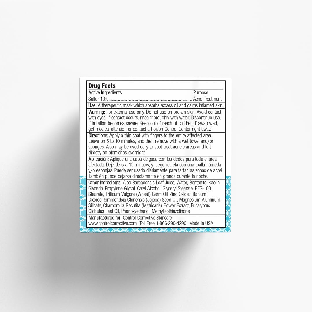 CONTROL CORRECTIVE sulfur calming mask 2 oz packaging for easy travel.