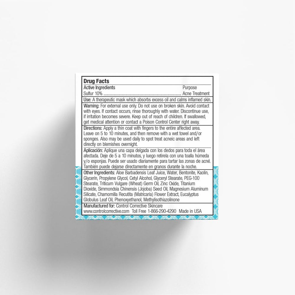 CONTROL CORRECTIVE sulfur calming mask 2 oz packaging for easy travel.