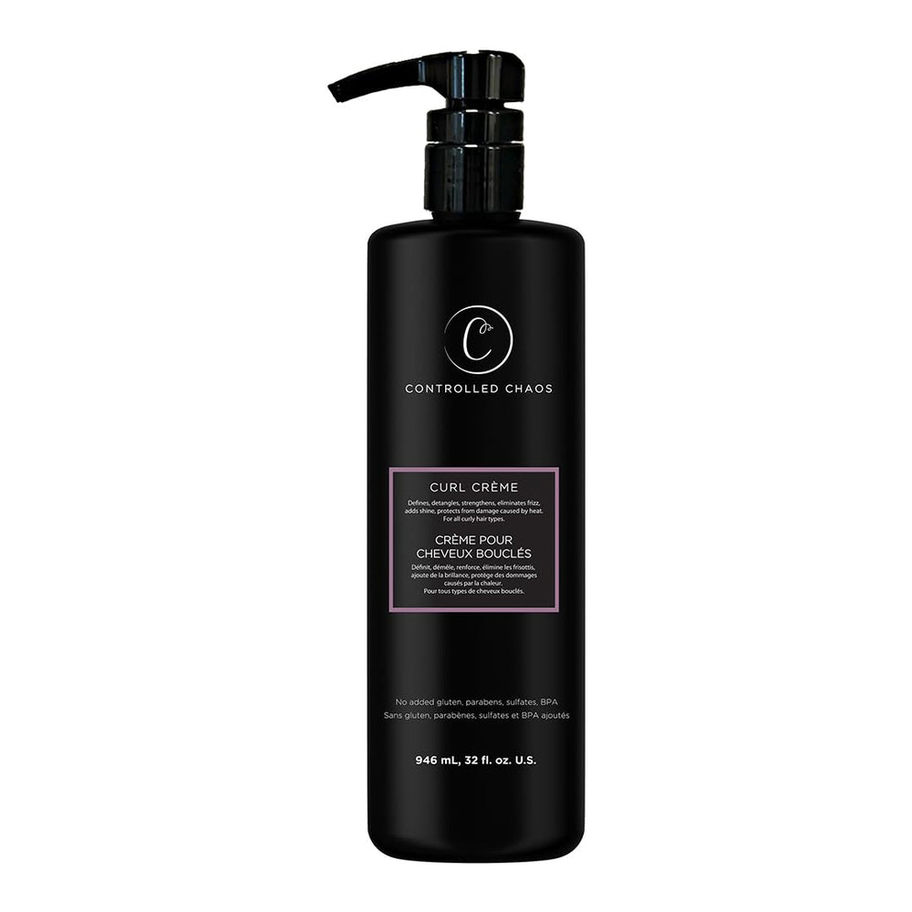 Controlled Chaos Curl Cream bottle pouring, easy application and frizz protection.