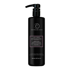 Controlled Chaos Curl Cream bottle pouring, easy application and frizz protection.