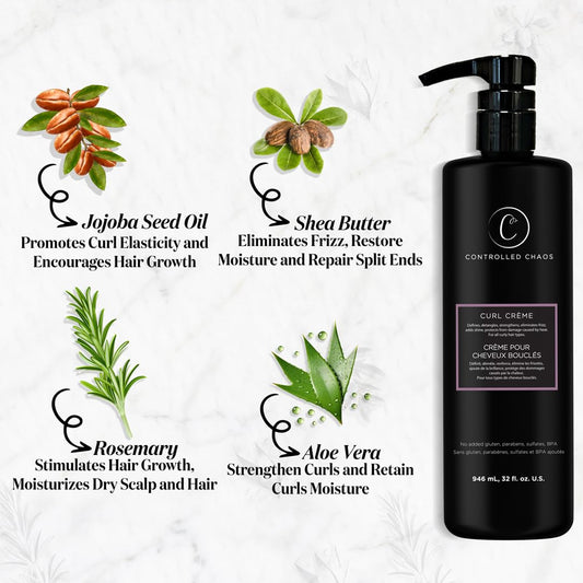 Controlled Chaos Curl Cream applied to hands, showing detangling and curl definition.