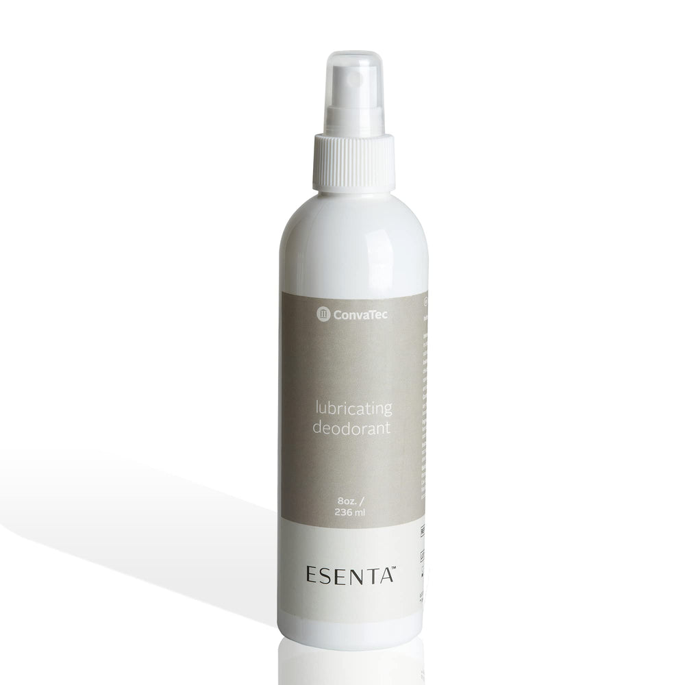 ConvaTec Esenta spray bottle shown for odor control and lubrication.