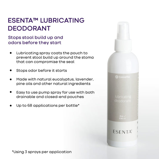 Esenta odor control action highlighted inside ostomy pouch.