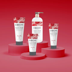 Bathroom shelf with Berry Bliss bottle ready for daily grooming.