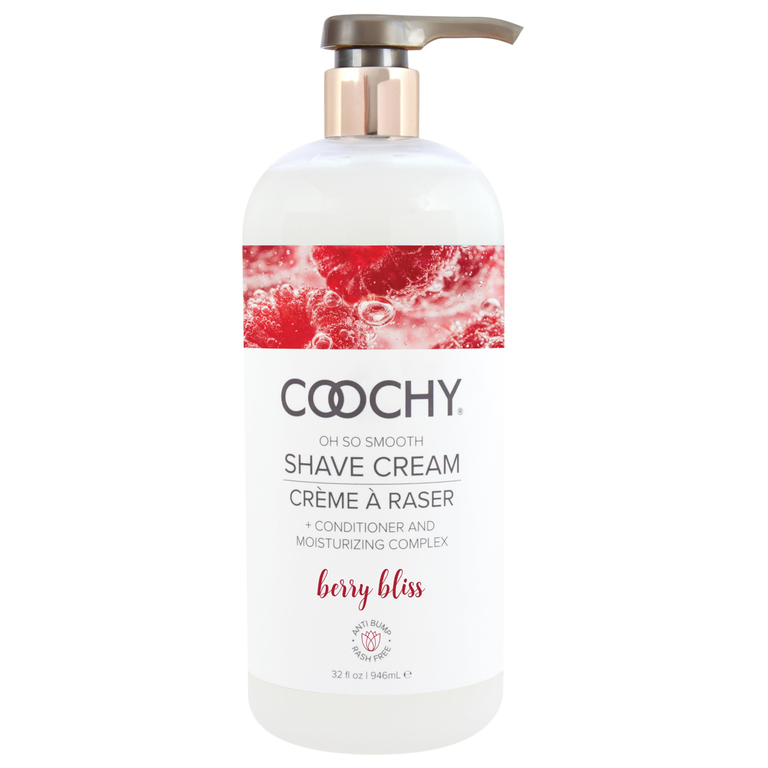Coochy Berry Bliss bottle showcases moisturizing shave cream for smooth, rash-free skin.