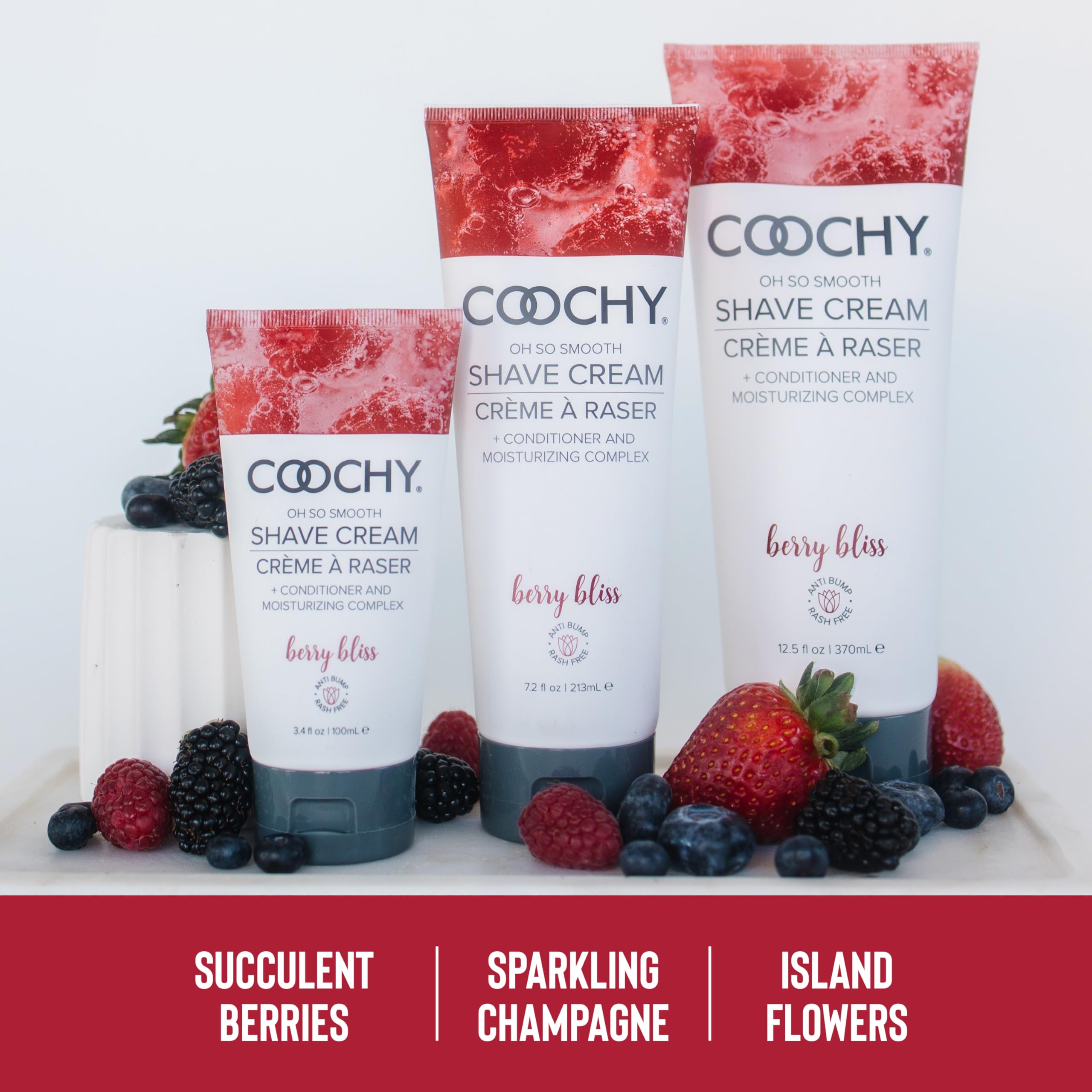 Coochy Berry Bliss open jar shows creamy texture ideal for bikini area shaving.
