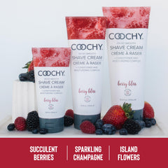 Coochy Berry Bliss open jar shows creamy texture ideal for bikini area shaving.