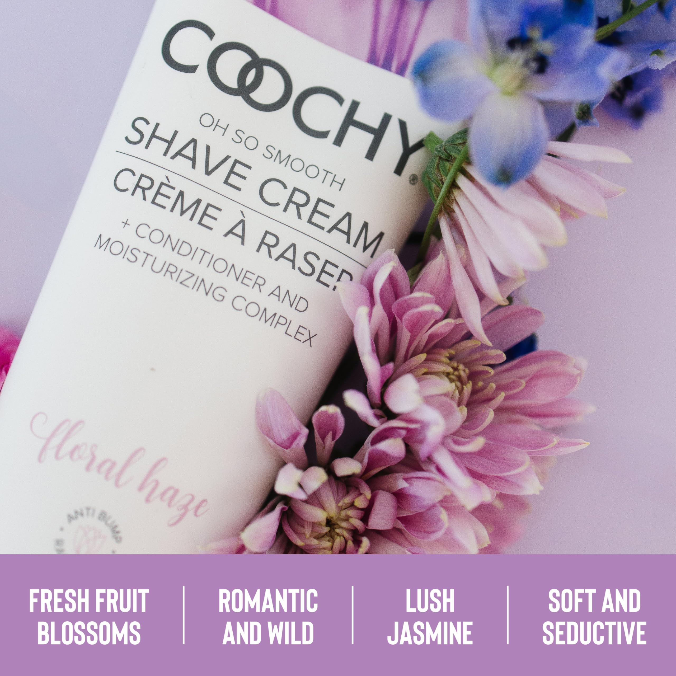 Coochy Floral Haze ingredients image spotlighting jojoba and conditioners for sensitive skin.