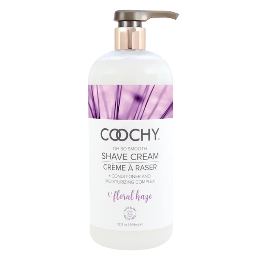 Coochy Floral Haze vanity display promoting smooth, hydrated skin after shaving.