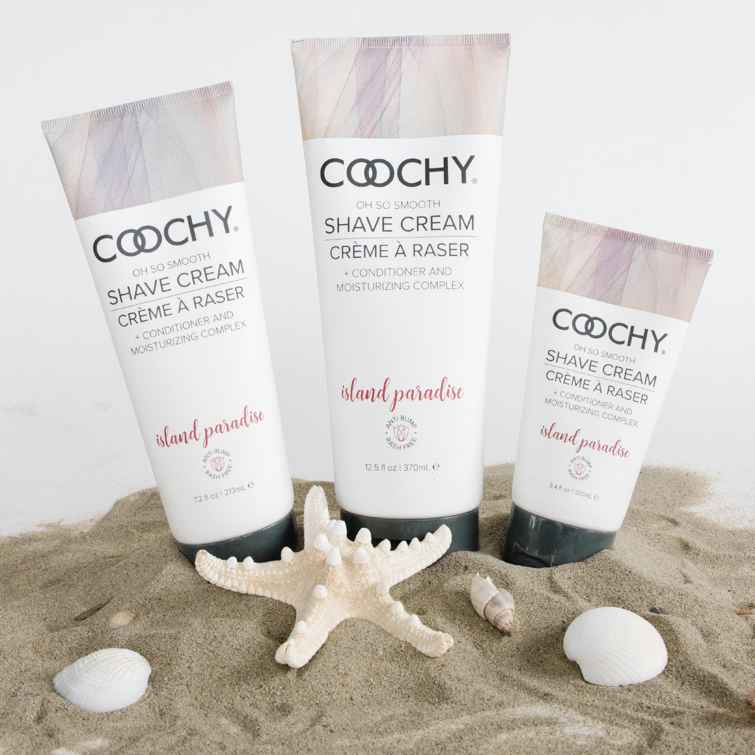 Coochy Island Paradise ingredients highlighting jojoba nourisher for sensitive skin.