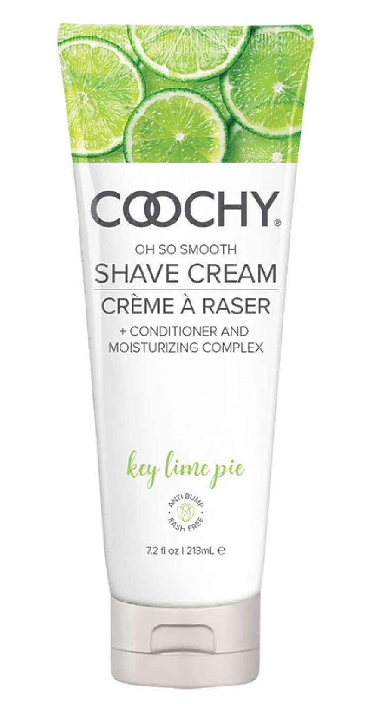 Coochy Key Lime Pie shave cream bottle highlights hydrating formula for smooth, rash-free shaving.