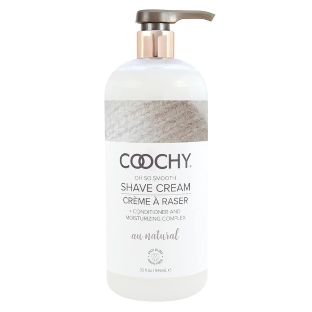 Coochy Shave Cream bottle close-up showing a hydrating, rash-free shaving formula.