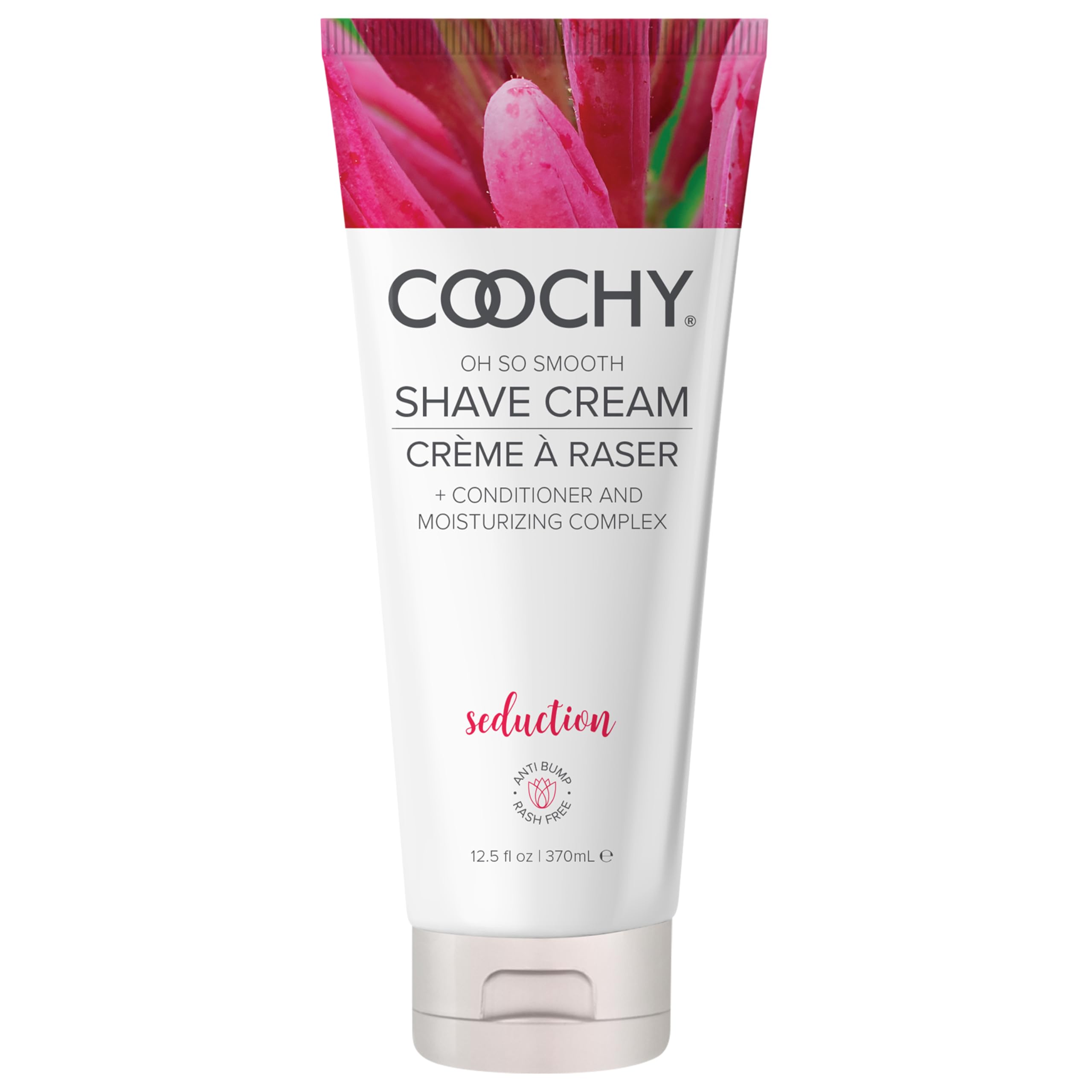 Coochy Shave Cream bottle close-up highlighting its moisturizing formula for smooth shaving.
