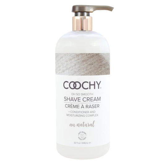 Coochy Shave Cream bottle close-up showing a hydrating, rash-free shaving formula.