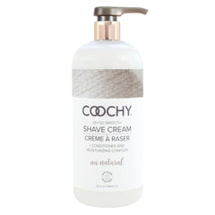 Coochy Shave Cream bottle close-up showing a hydrating, rash-free shaving formula.