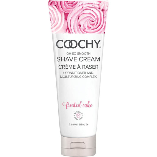 Coochy Shave Cream bottle front with moisturizing formula for smooth, nick-free shaving.