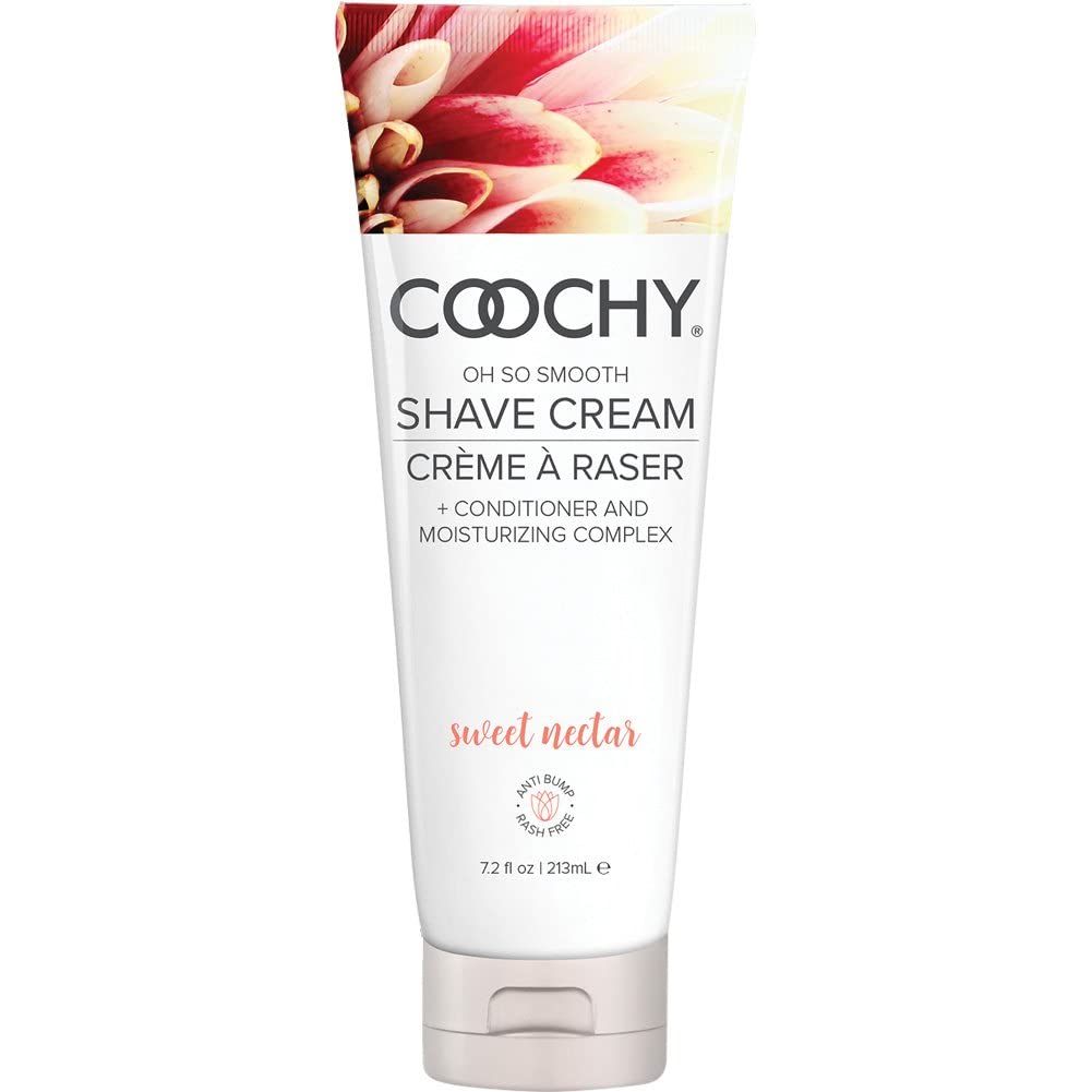 Coochy Shave Cream bottle label highlighting hydrating formula for sensitive skin.