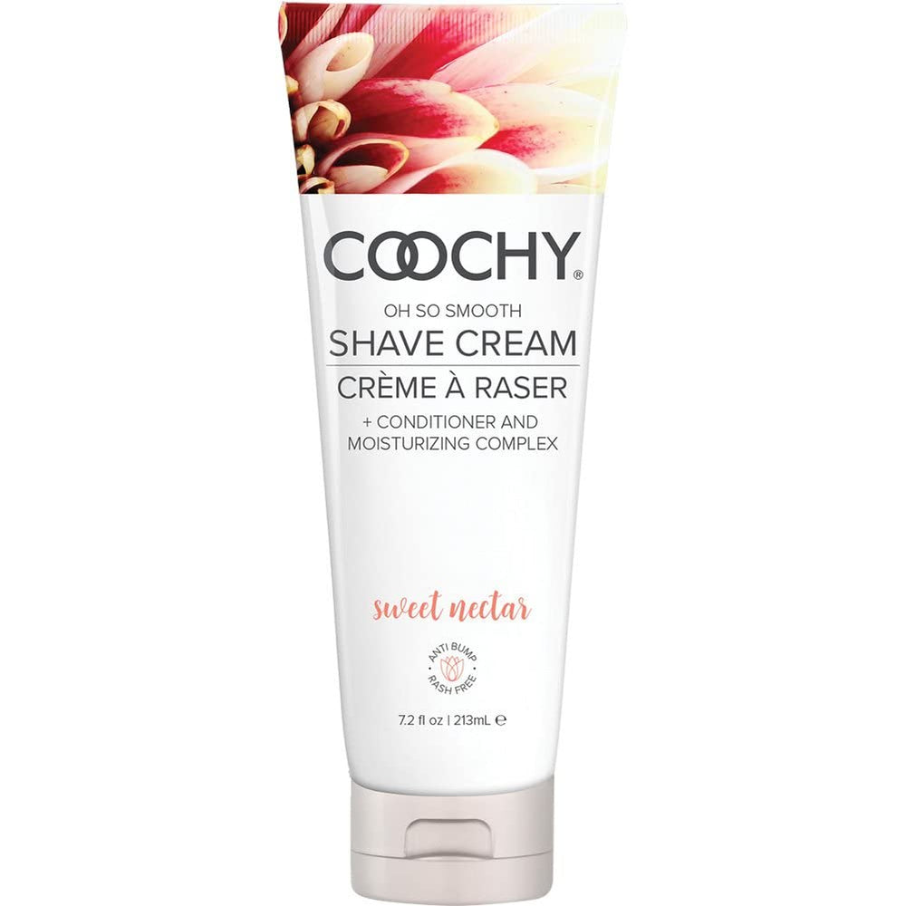 Coochy Shave Cream bottle label highlighting hydrating formula for sensitive skin.