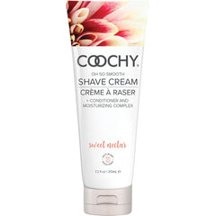 Coochy Shave Cream bottle label highlighting hydrating formula for sensitive skin.
