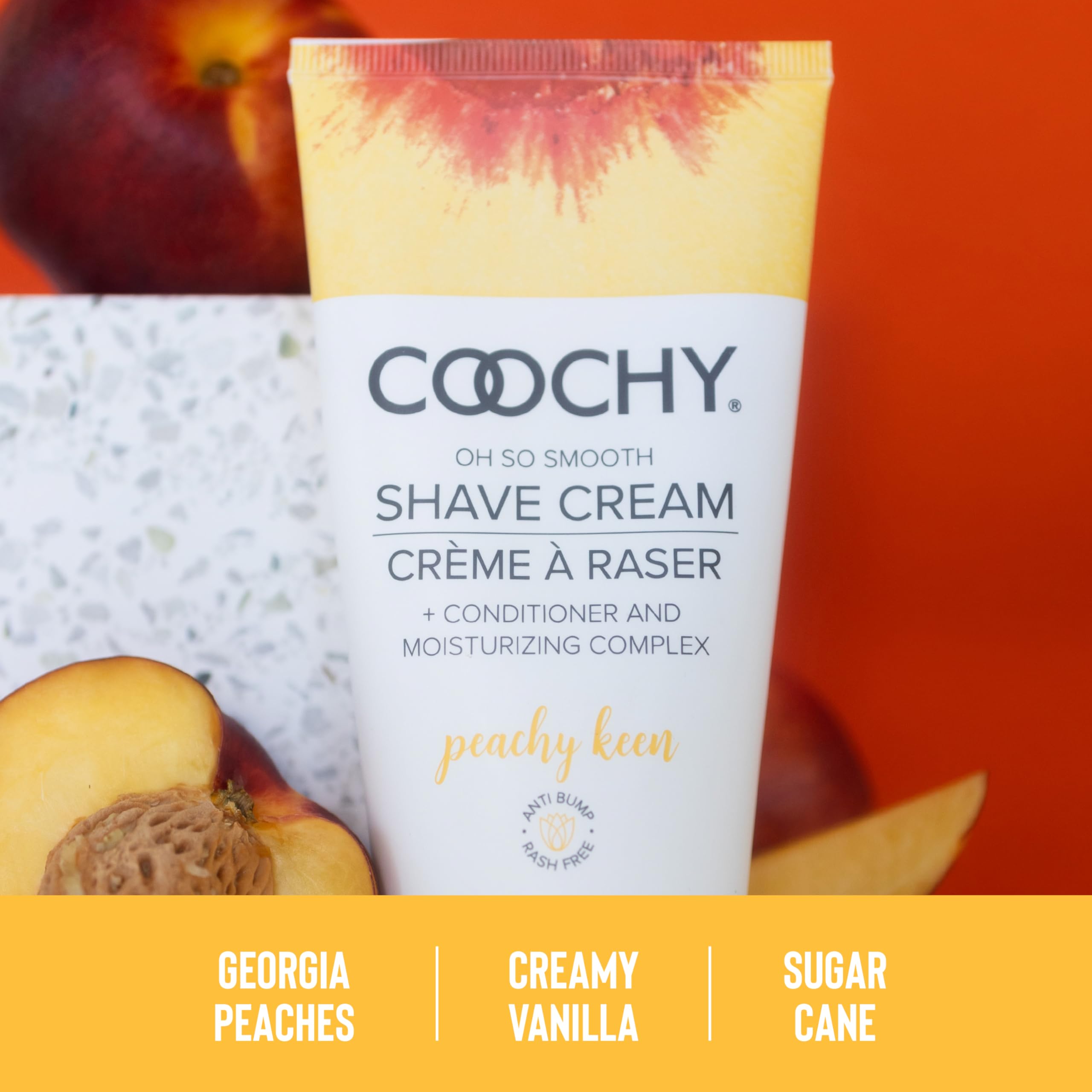 Dermatologist-tested Coochy Shave Cream label with jojoba and conditioners.