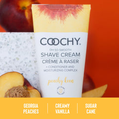 Dermatologist-tested Coochy Shave Cream label with jojoba and conditioners.