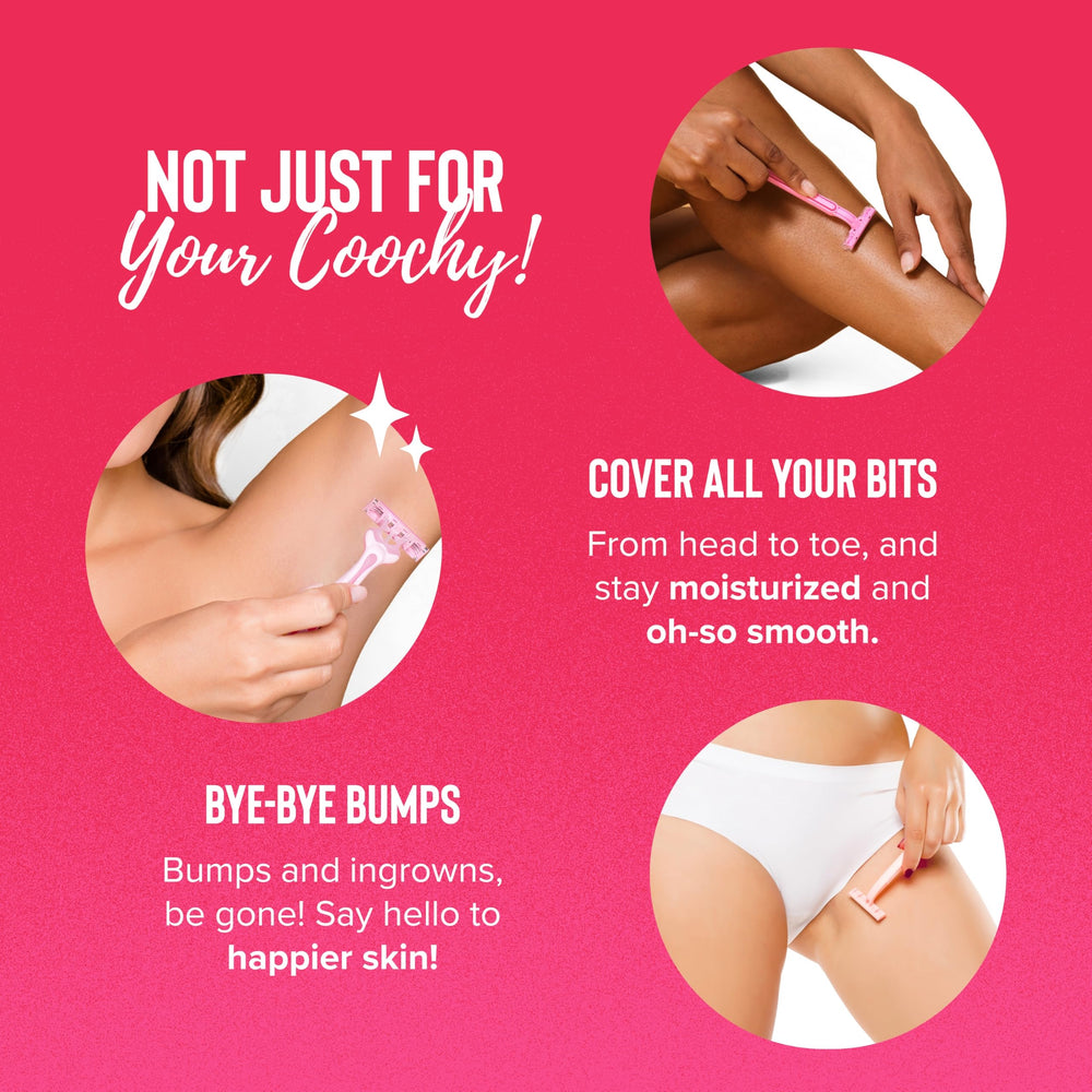 Coochy Shave Cream legs glide demonstrating nick-free, silky-smooth results.