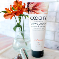 Coochy Shave Cream demonstrates smooth razor glide with less tug during shaving.