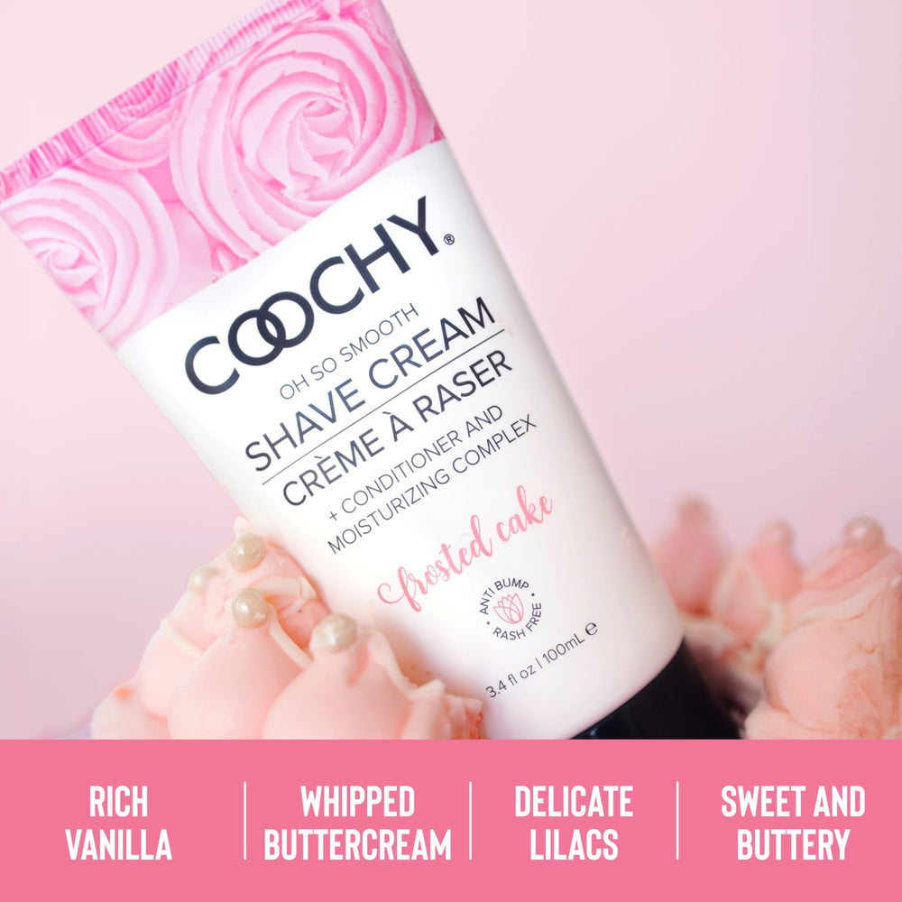 Close-up of Coochy Shave Cream texture showing hair-softening formula.