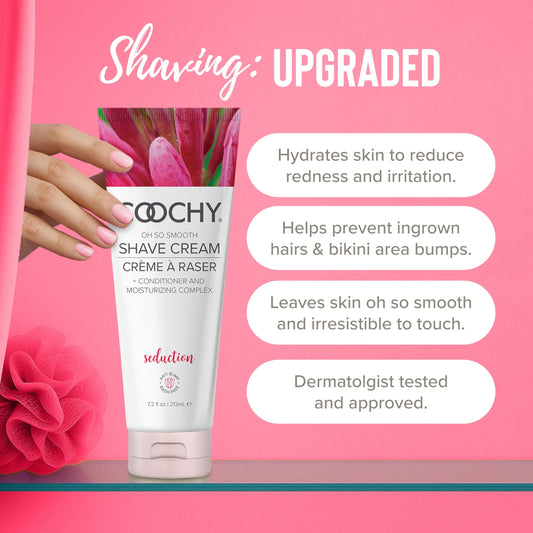 Coochy Shave Cream texture close-up showing hair-softening action for effortless glide.