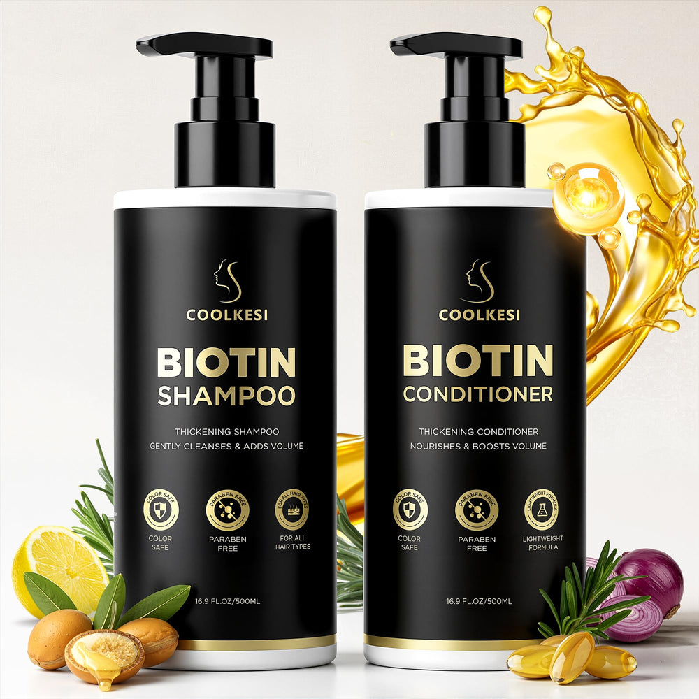 COOLKESI Tripeptide Biotin Shampoo bottle pouring, suggesting scalp nourishment.