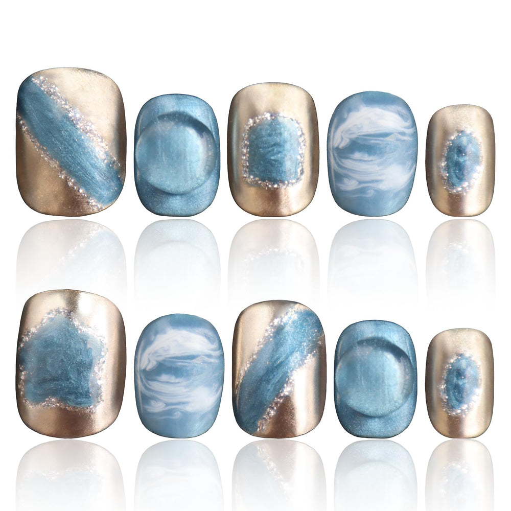 COOLYOUNG blue nails close-up showing glossy short square design for effortless everyday style