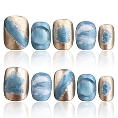 COOLYOUNG blue nails close-up showing glossy short square design for effortless everyday style