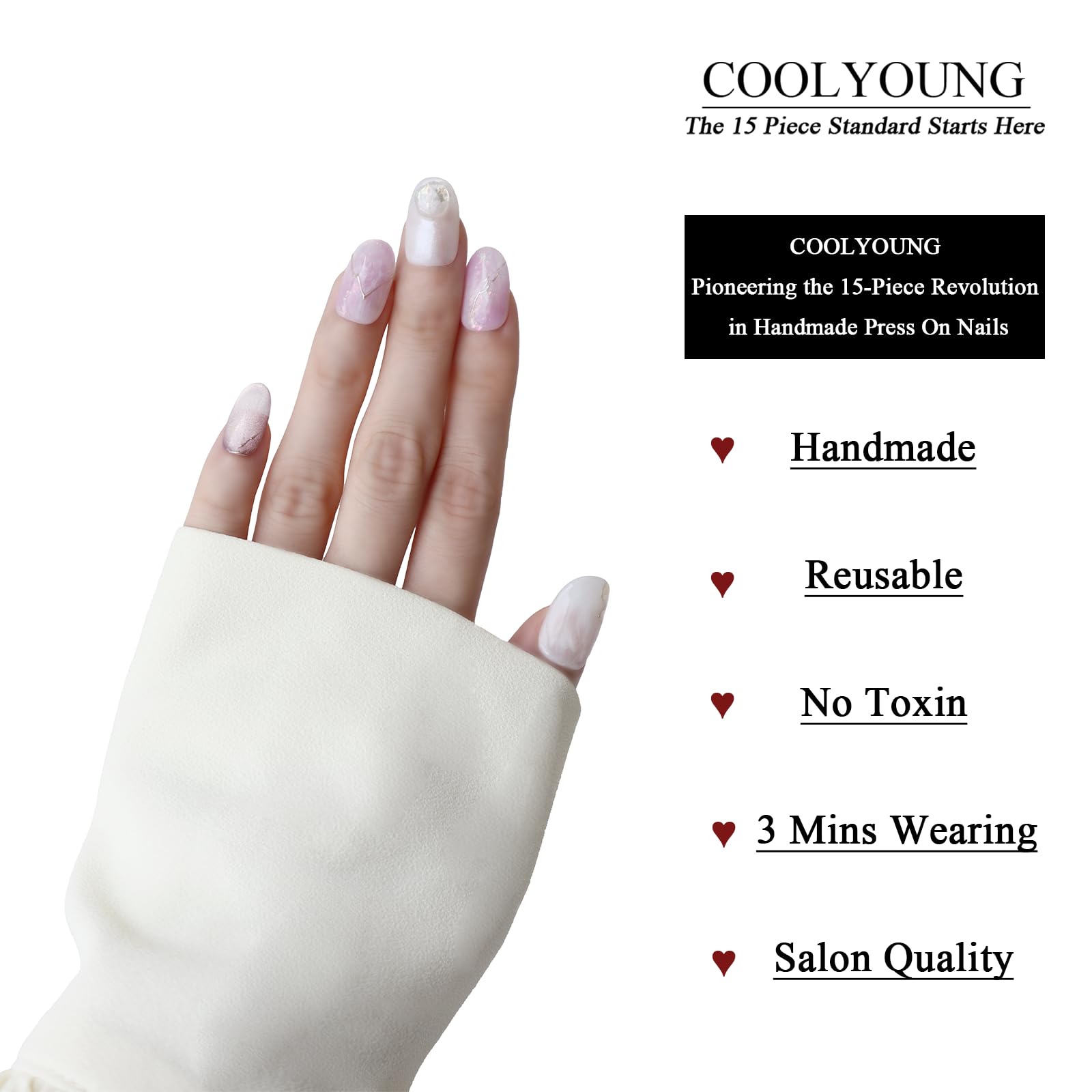 COOLYOUNG press-on nails 15-piece set with S/M/L sizes