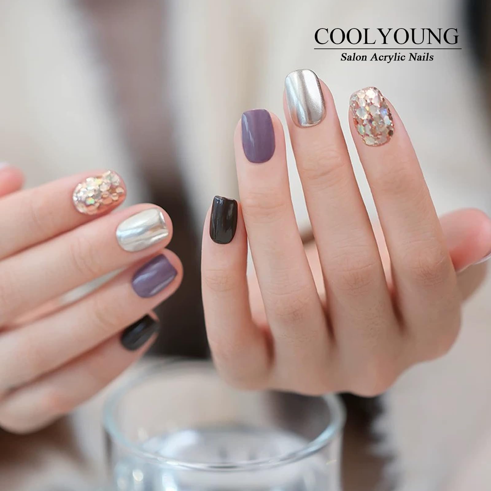 COOLYOUNG reusable press-on nails 25-piece set close-up with reuse potential