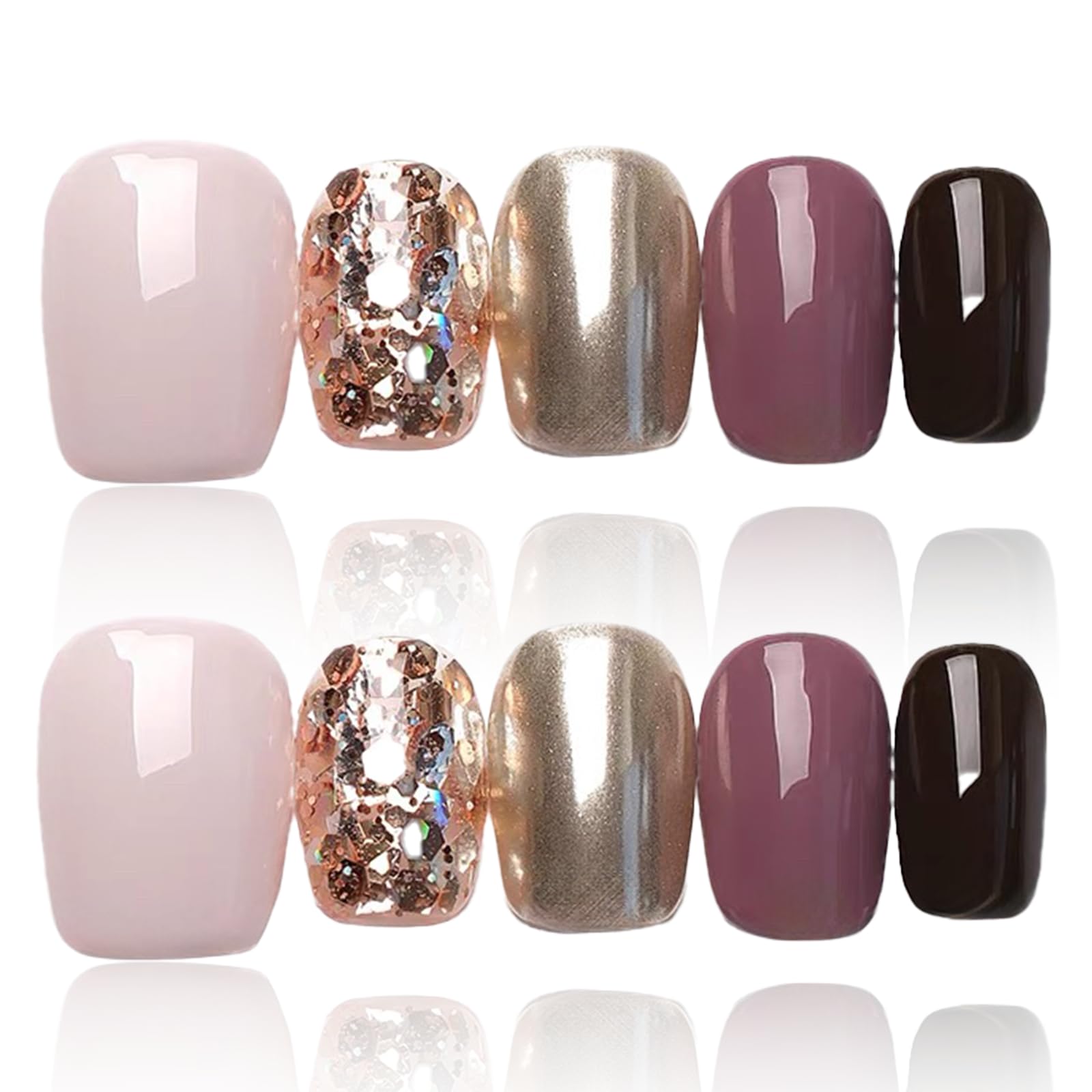 COOLYOUNG short glitter press-on nails set close-up showing glossy salon-like finish