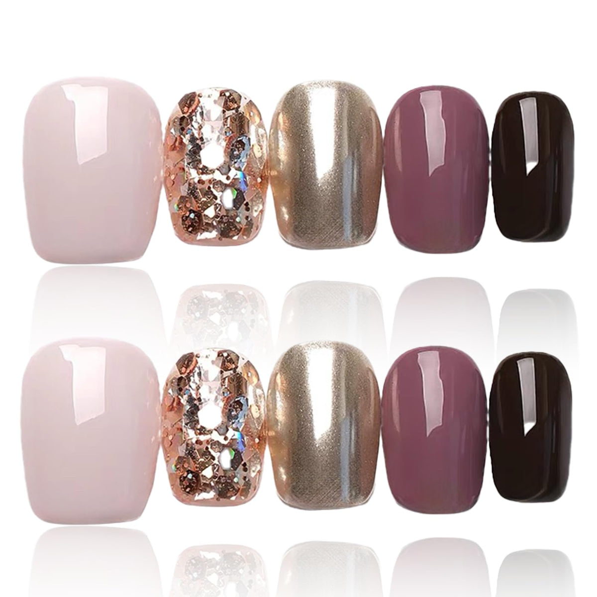 COOLYOUNG short glitter press-on nails set close-up showing glossy salon-like finish