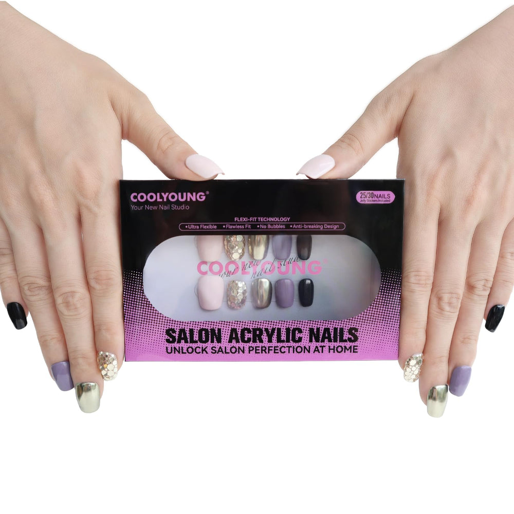 COOLYOUNG soft gel acrylic nails close-up highlighting flexible, hypoallergenic design for gentle wear