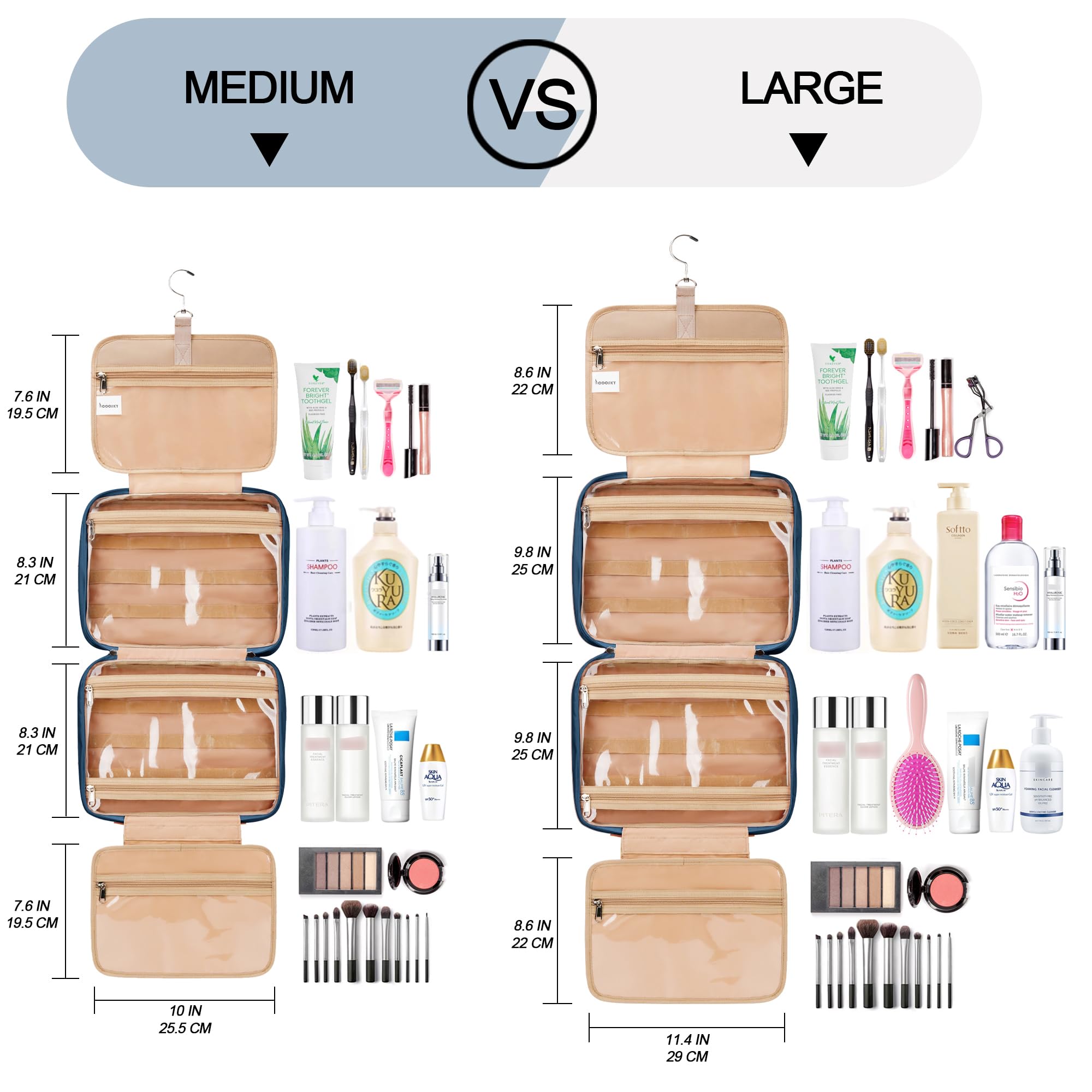 COOSKY extra-large makeup bag holds full-size toiletries for uninterrupted travel