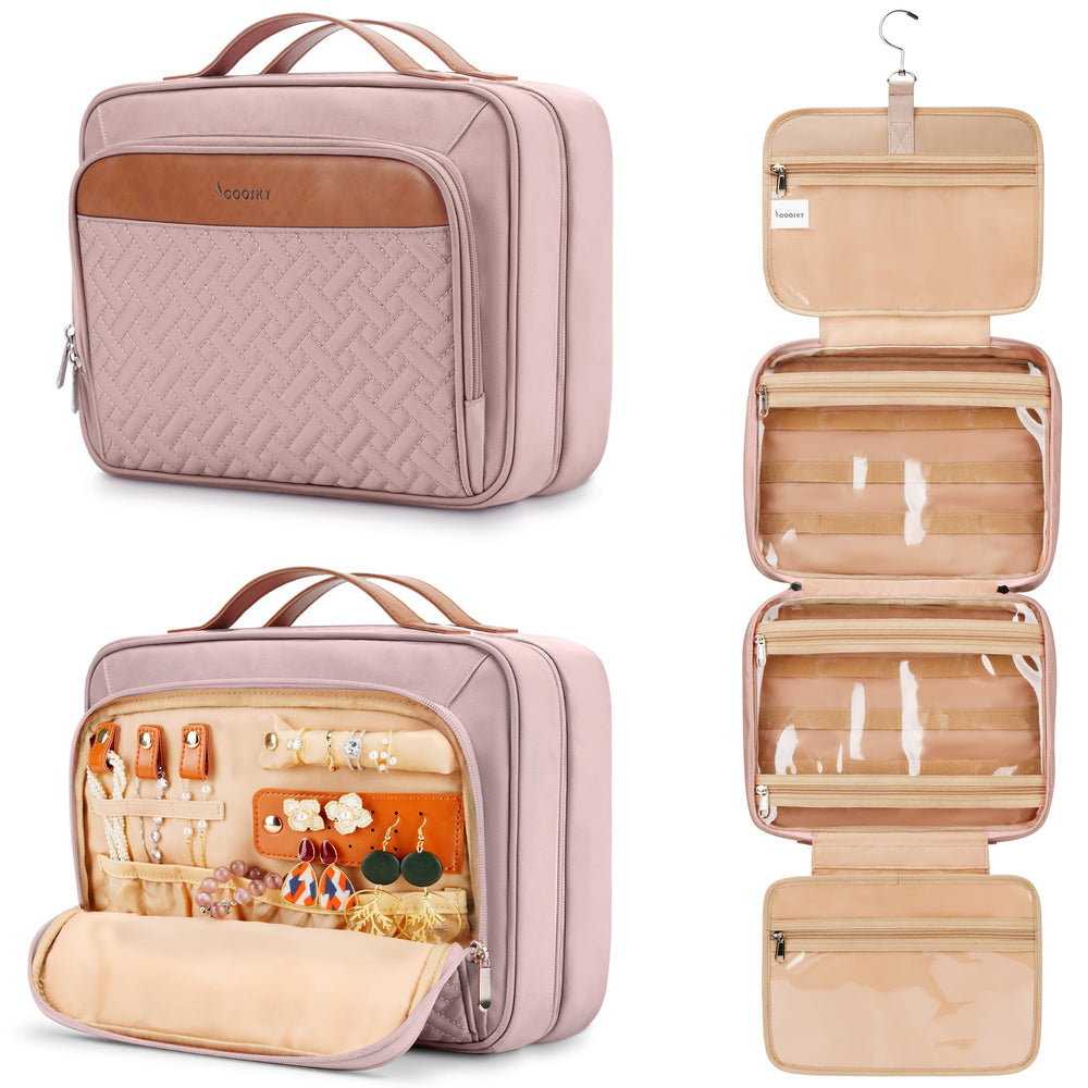 COOSKY travel hanging toiletry bag front view in baby pink for organized packing.