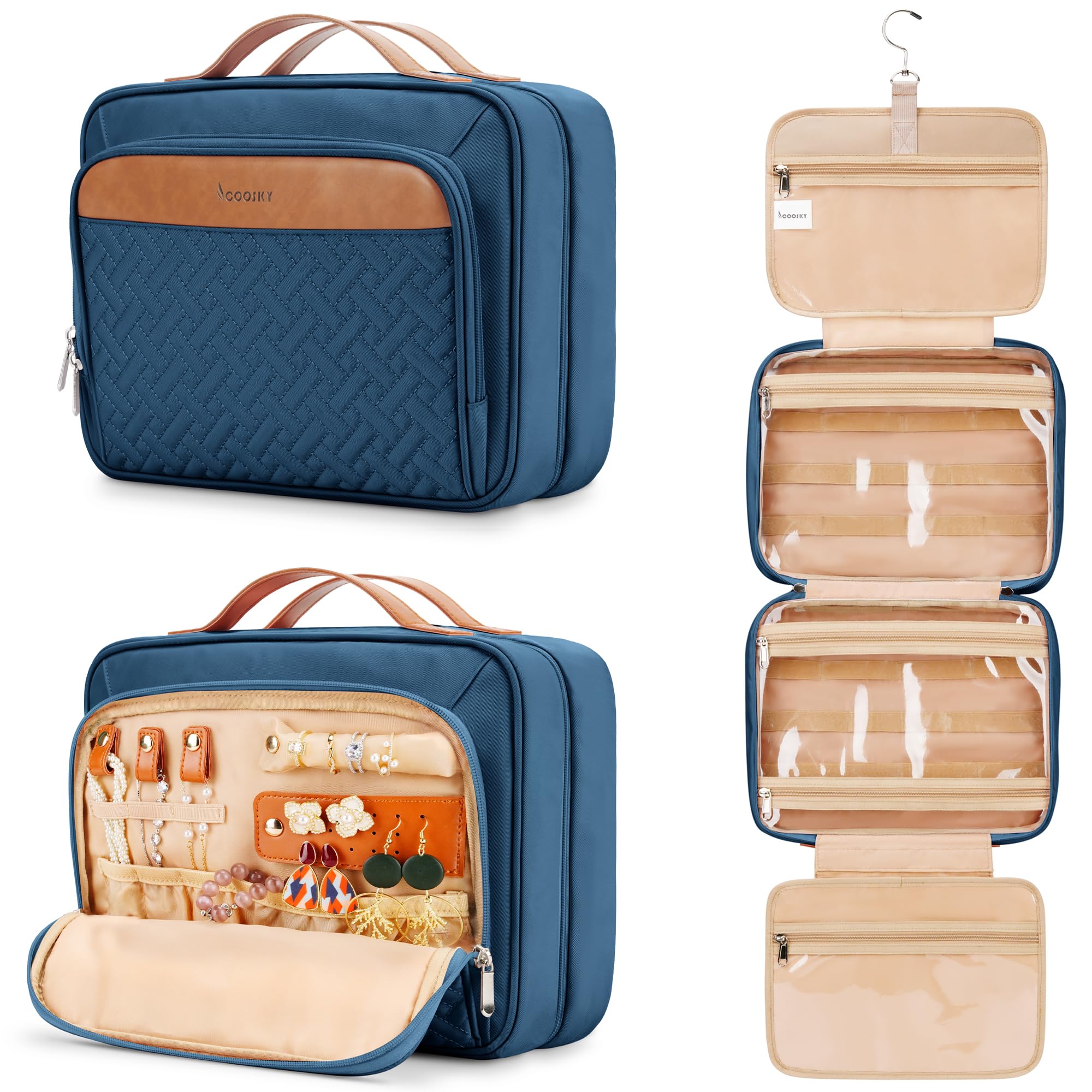 COOSKY travel hanging toiletry bag with jewelry organizer keeps items neatly organized on the go.