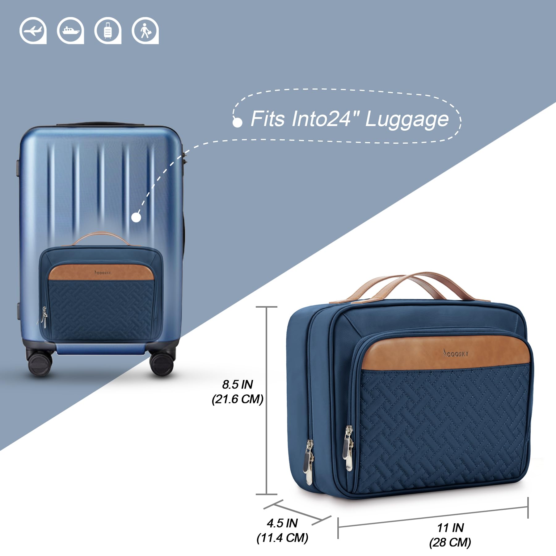 COOSKY trolley strap secures the bag to a suitcase for hands-free travel.