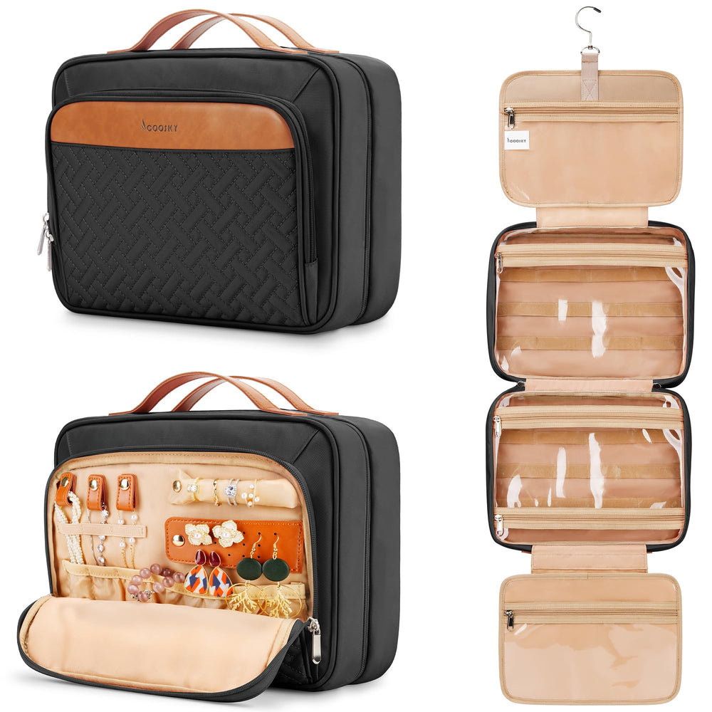COOSKY travel hanging toiletry bag setup shows organized compartments for weeklong trips.
