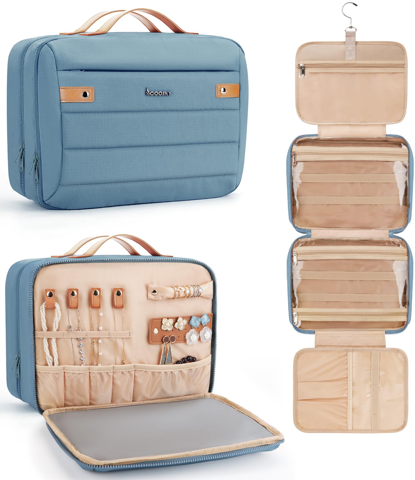 COOSKY hanging toiletry bag blue front view with spacious storage for travel essentials