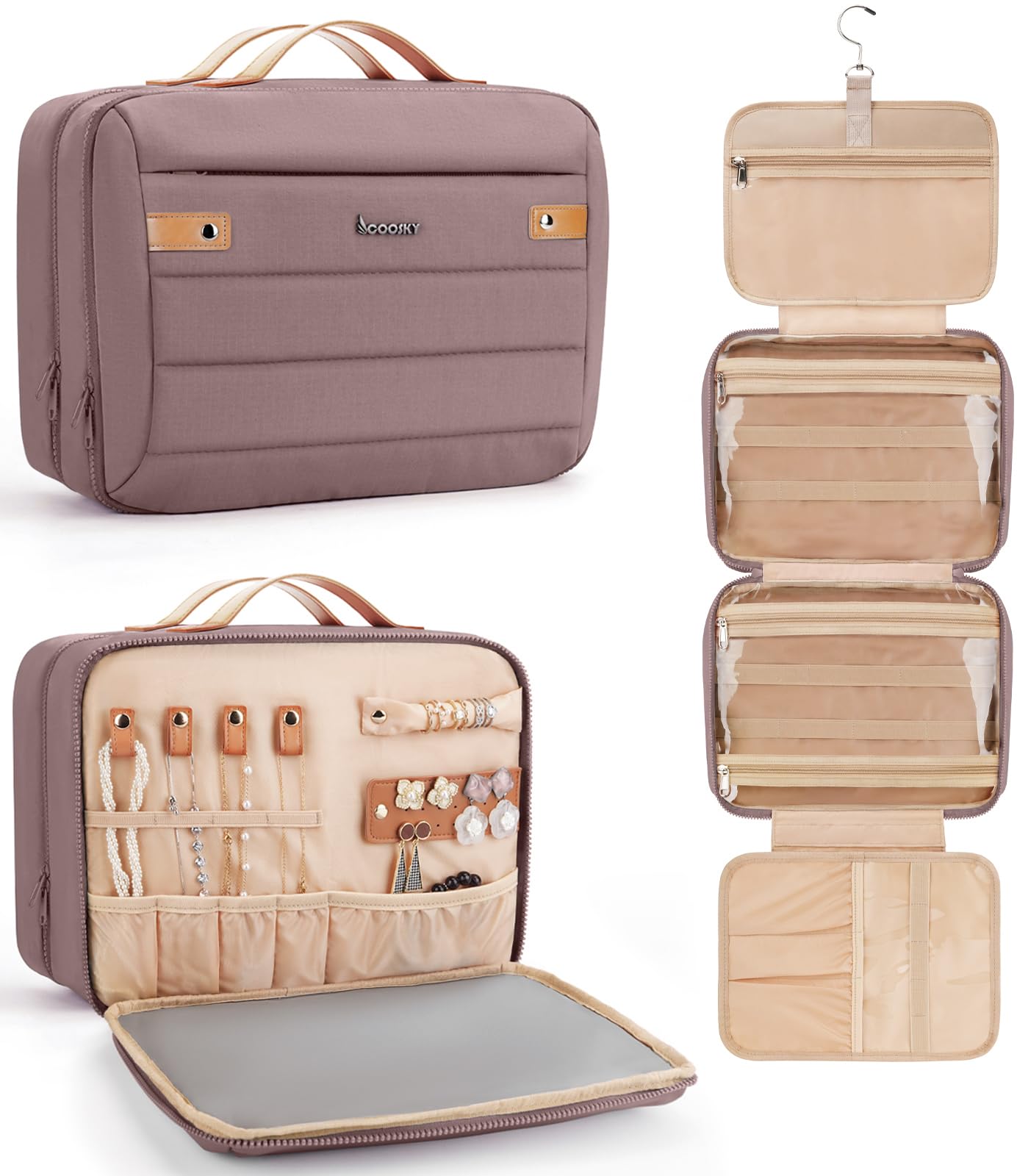 COOSKY women's hanging toiletry bag front view shows spacious storage and dark purple color.