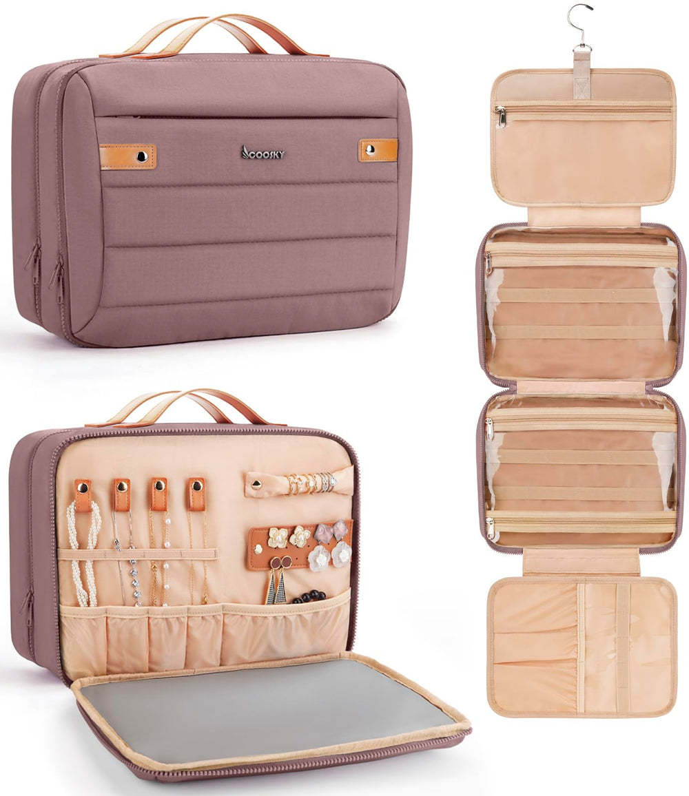 COOSKY women's hanging toiletry bag front view shows spacious storage and dark purple color.