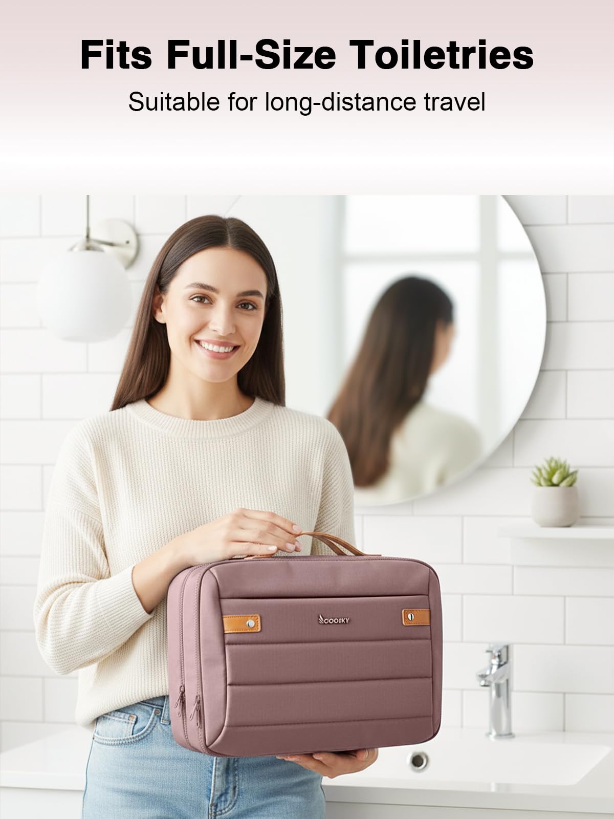 COOSKY toiletry bag interior compartments for full-size skincare and cosmetics.