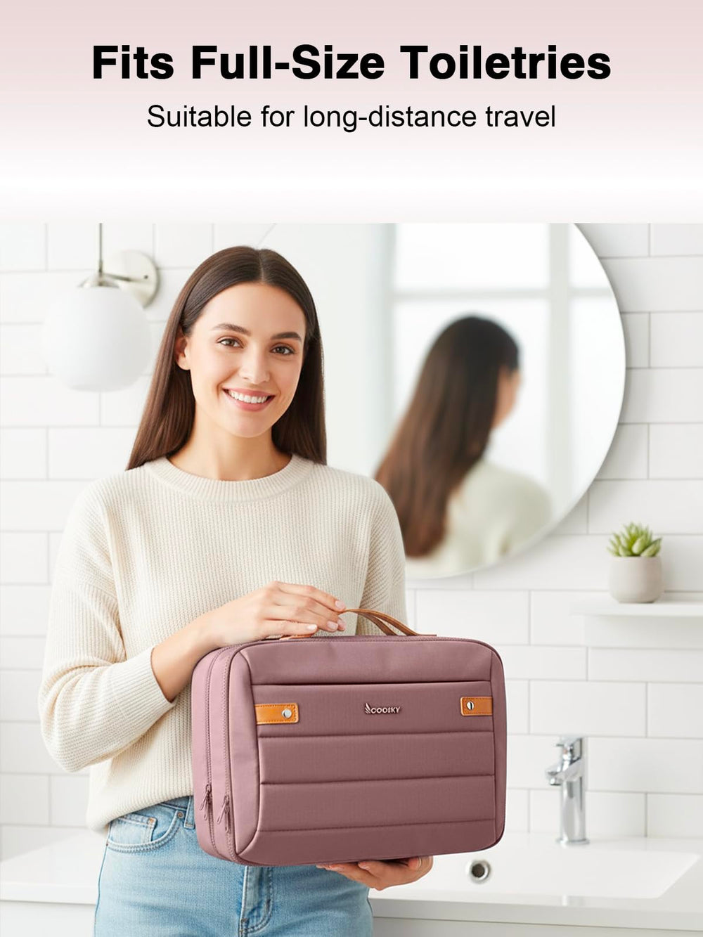 COOSKY toiletry bag interior compartments for full-size skincare and cosmetics.