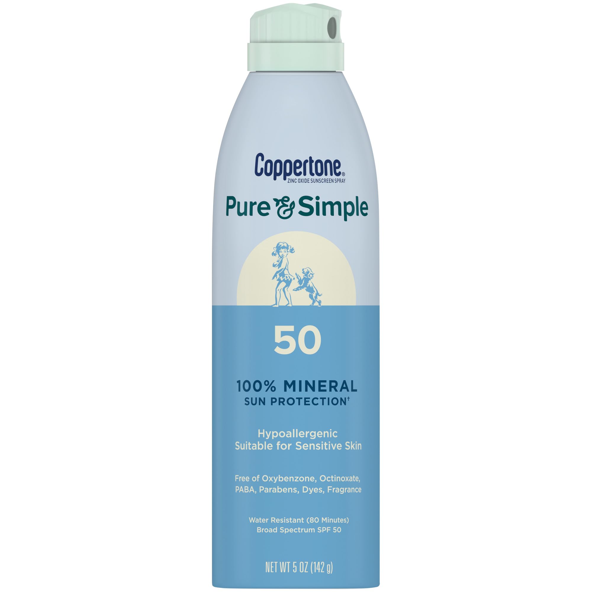 Coppertone Pure & Simple zinc oxide sunscreen spray bottle for easy outdoor protection.
